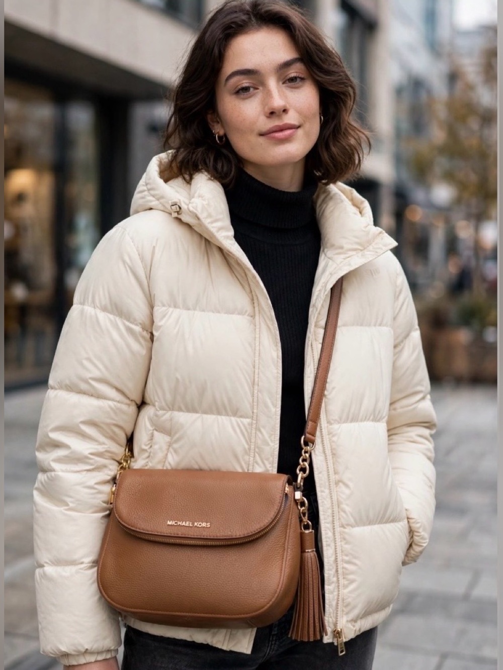 Michael Kors Camel Brown Pebbled Leather Bedford Crossbody Handbag -Tassel/Strap